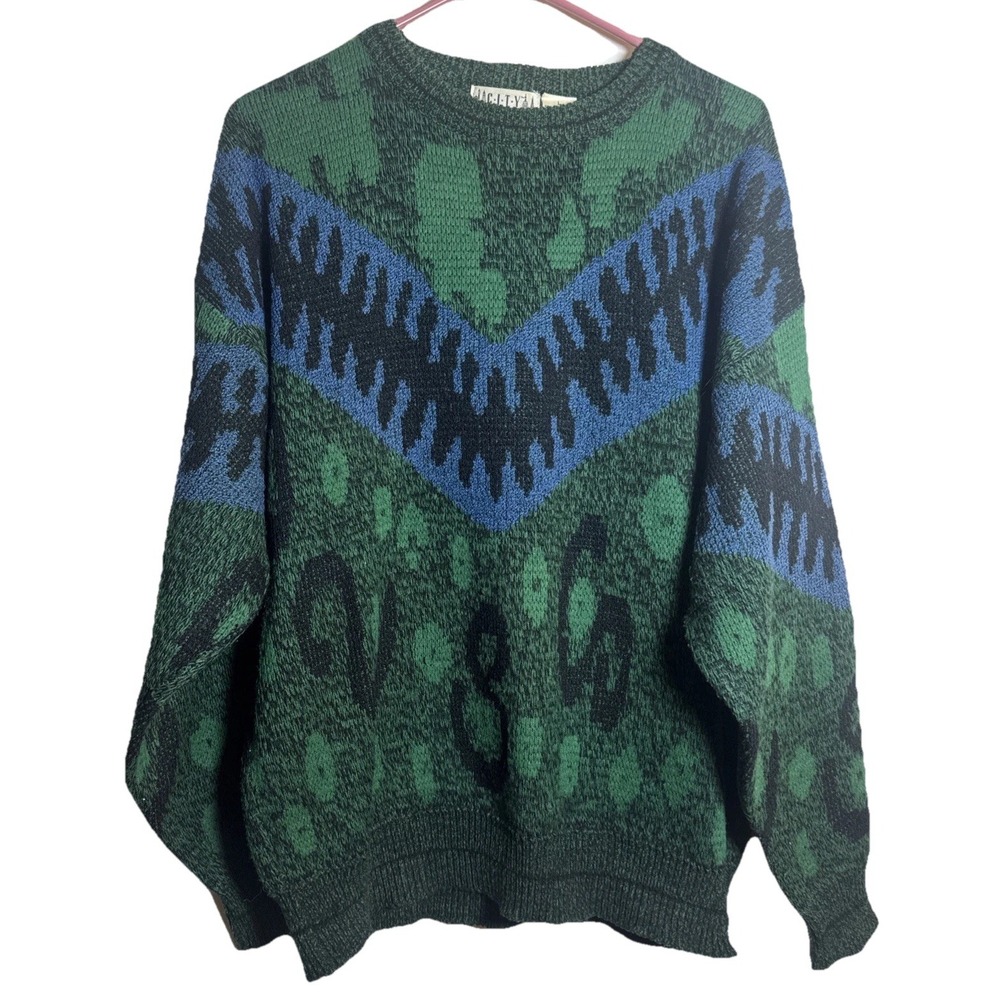 Vintage‎ City Streets Sweater L Made in Korea Green Blue Abstract Knit 80's 90's